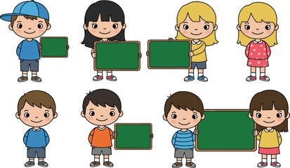 Group of cartoon school children holding chalkboards, colorful vector illustration for education, classroom, learning, teaching, back to school.