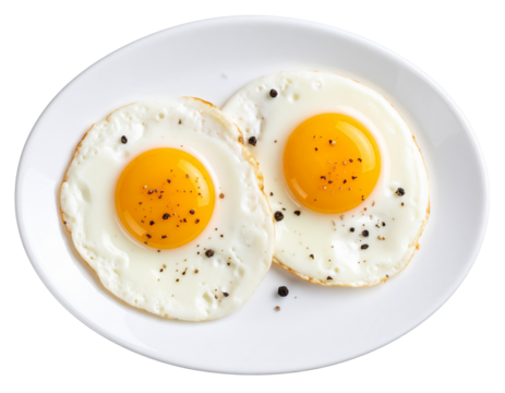 Two sunny side up fried eggs seasoned with black pepper on white ceramic plate, isolated on transparent background PNG