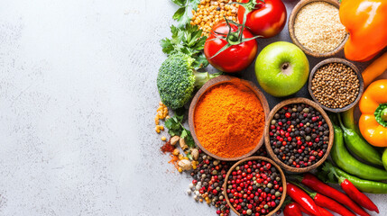 Fresh vegetables, spices, and herbs arranged beautifully, showcasing vibrant colors and textures, perfect for healthy cooking