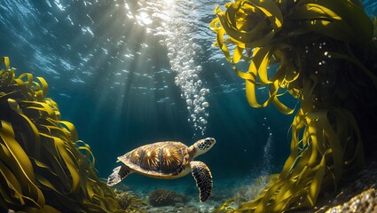 Sea Turtle Swimming Underwater with Kelp and Sunlight