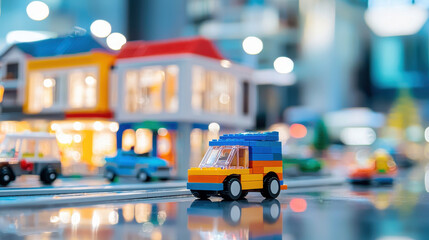 Colorful toy car made of building blocks is parked on reflective surface, surrounded by vibrant cityscape of miniature buildings and vehicles