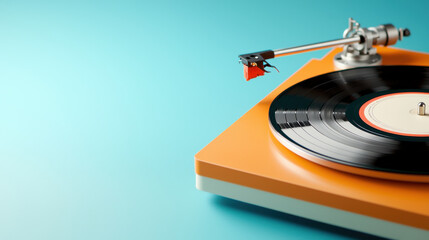Vibrant retro turntable with black vinyl record spinning, set against bright turquoise background, evokes nostalgia and joy