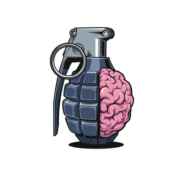 Creative Detailed Grenade with Brain Concept Illustration Graphic Design Artwork