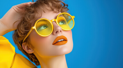 Vibrant pop art woman with stylish yellow sunglasses and bold orange lips, exuding confidence against bright blue background