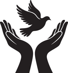 Black silhouette of hands releasing a dove open