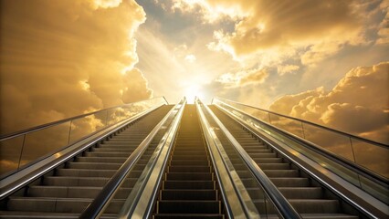 Fototapeta premium Monumental escalator rising into golden clouds with glowing light ideal for heavenly ascent scene