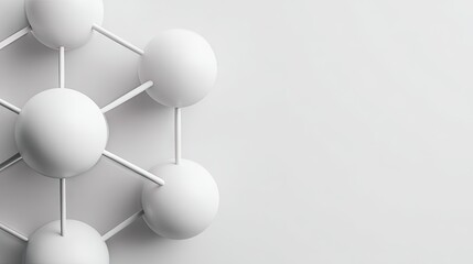 Minimalist white molecular structure with connected spheres representing scientific research, innovation, and modern technology