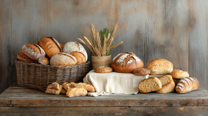 Freshly baked bread assortment displayed rustic wooden table, featuring various types of loaves and pastries, creating warm and inviting