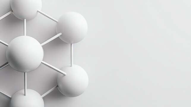 Minimalist white molecular structure with connected spheres representing scientific research, innovation, and modern technology