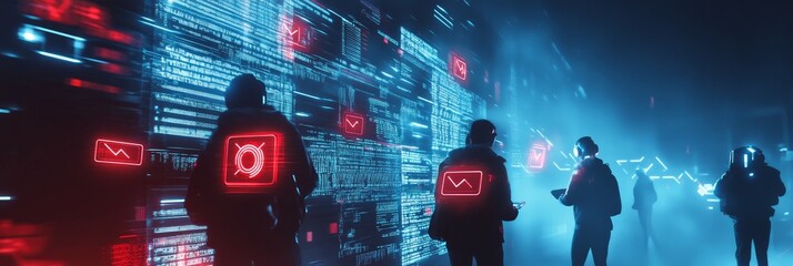 Fortress: A Group of Hackers in Cyberspace - A team navigating a landscape, facing encrypted data, overcoming challenges, achieving a breakthrough, and symbolizing cyber security