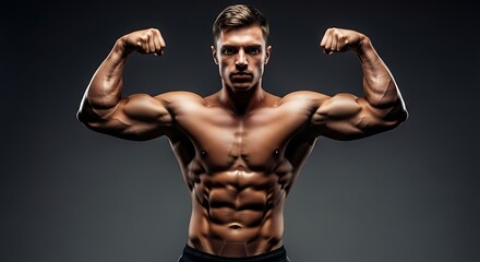 Obraz premium Muscular man flexes his biceps, showcasing defined physique and strength.
