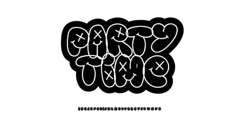 Party Time Lettering. Doodle Logo Font, Bubble Graffiti Style Alphabet. Funky Outline Typographic Design for Invitation Sticker Event Poster Party Card. Funny Smiley Typeset. Vector Illustration.