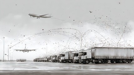 Logistics illustration with cargo trucks and airplanes connected by digital data streams representing global transport and supply chain