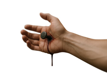 Crucified hand of Jesus with nail and blood &ndash; transparent PNG

Pierced hand symbolizing Jesus' crucifixion &ndash; isolated cutout

Nail through palm with blood dripping &ndash; PNG with transparent background

