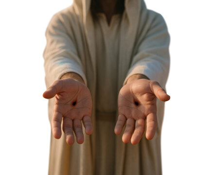 Jesus showing crucifixion wounds in open hands &ndash; transparent PNG

Resurrected Jesus with outstretched pierced hands &ndash; isolated cutout

Jesus extending hands with stigmata &ndash; PNG with transparent