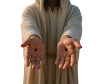 Jesus showing crucifixion wounds in open hands – transparent PNG

Resurrected Jesus with outstretched pierced hands – isolated cutout

Jesus extending hands with stigmata – PNG with transparent