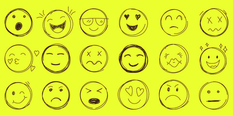 Emojis faces icon in hand drawn style. Doddle emoticons vector illustration on isolated background. Happy and sad face sign business concept