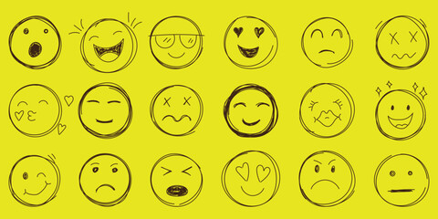 Emojis faces icon in hand drawn style. Doddle emoticons vector illustration on isolated background. Happy and sad face sign business concept