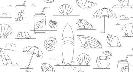 Summer beach line art pattern with surfboard shells drinks and umbrellas.
