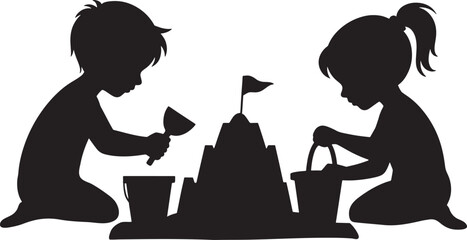 Children Playing with Sandcastle Buckets and Shovels Silhouette for Kids Activities