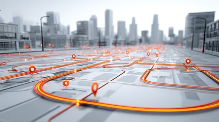 Smart city delivery network with illuminated orange route lines and location pins over urban streets, futuristic logistics and infrastructure concept