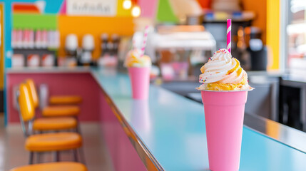Delightful ice cream in pink cup, topped with whipped cream and sprinkles, set in vibrant retro diner