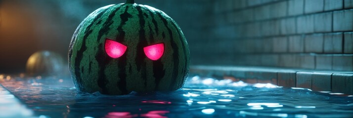 Glowing Eyes of Summer's Fury - A 3D render of a menacing watermelon with glowing pink eyes submerged in water, symbolizing hidden danger, summer mystery, unexpected threat, fear of the unknown, and
