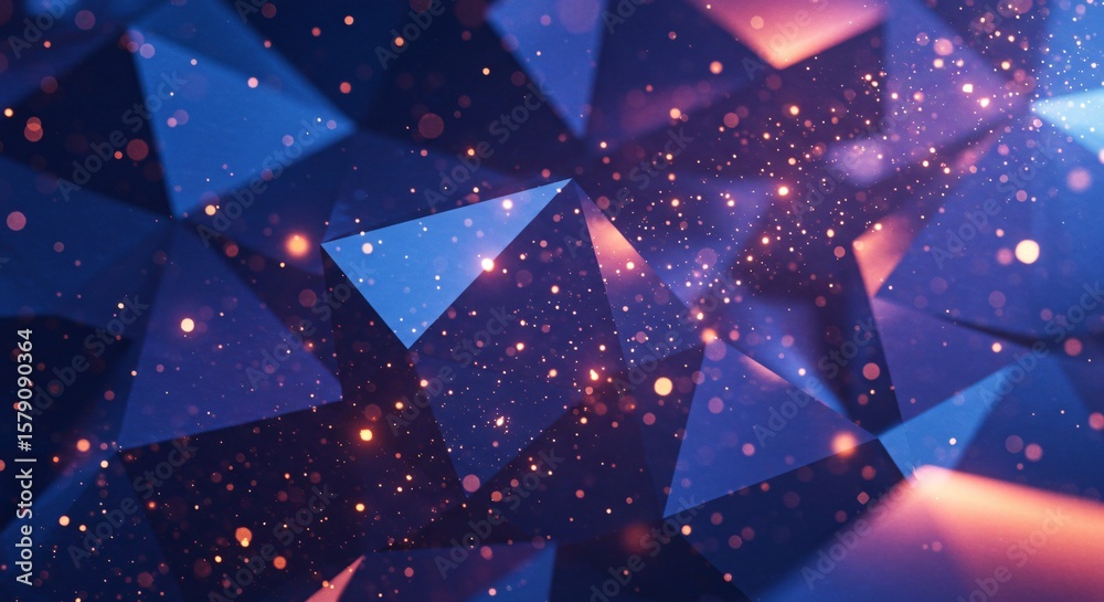 Poster abstract blue triangles with orange light and bokeh particles in the background design element