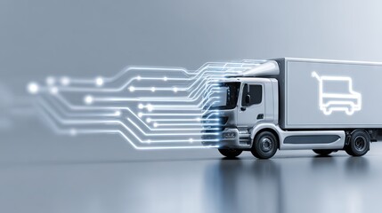 Futuristic silver delivery truck with glowing circuit lines on sleek background symbolizing digital logistics and technology