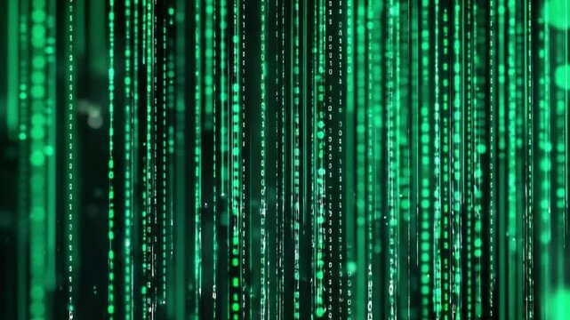 A digital rain of glowing green binary code streams down a dark background, creating a matrix-like effect with varying intensity and slight blur