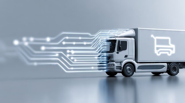 Futuristic silver delivery truck with glowing circuit lines on sleek background symbolizing digital logistics and technology
