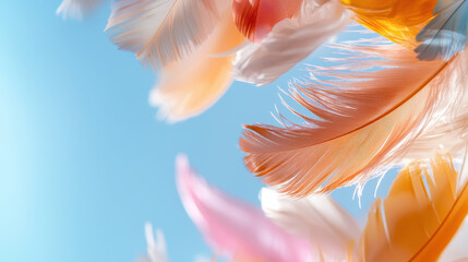 Colorful feathers gently float against bright blue sky, creating serene and uplifting atmosphere. soft textures and vibrant hues evoke sense