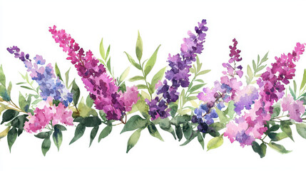 Beautiful watercolor floral arrangement featuring vibrant lilac flowers and lush green leaves, evoking sense of tranquility and nature beauty