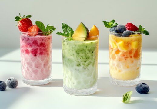 fresh fruit smoothies with vibrant fruit and mint in elegant presentation for detox and boost immunity drink