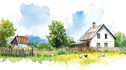 Serene watercolor painting of countryside scene featuring rustic house, lush greenery, and chickens roaming freely