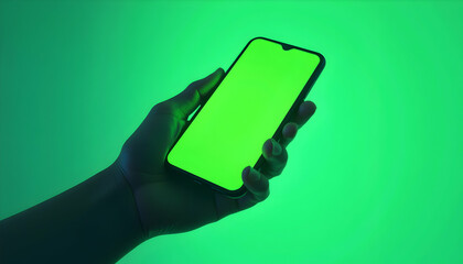 Hand holding smartphone with green screen on a green background for product placement