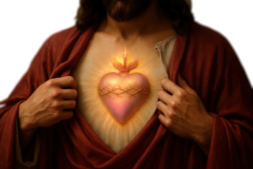 Sacred Heart of Jesus glowing from within robe - transparent PNG

Jesus revealing illuminated Sacred Heart - isolated cutout

Glowing Sacred Heart symbol on Jesus’ chest - PNG format