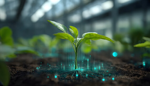 Young plant grows in tech-driven greenhouse. Digital data flows around stem showing innovation in agriculture. Eco-friendly farming, modern cultivation, future food tech concepts. High tech