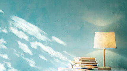Cozy scene featuring lamp beside stack of books on table against soft blue wall, creating serene atmosphere