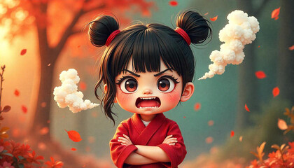 Angry Anime Girl in Kimono with Steam Cute Cartoon Rage