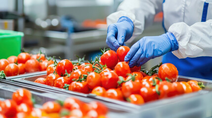 Fresh tomatoes being sorted by worker in food processing facility, showcasing vibrant colors and careful handling