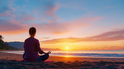 Serene young woman practicing meditation on beach at sunset, surrounded by nature beauty and tranquility