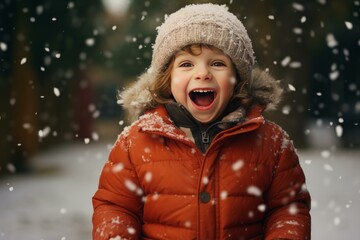 Young child wearing orange winter coat and wool hat laughing and enjoying snowfall