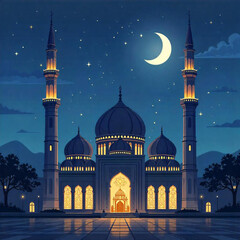 Mosque at night with the moon