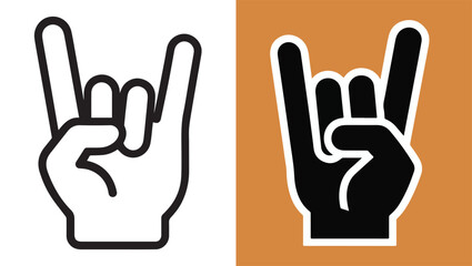 Illustrations of Rock On Hand Gesture with Outline and Silhouette Variants, Depicting Heavy Metal Music Culture and Expressive Communication