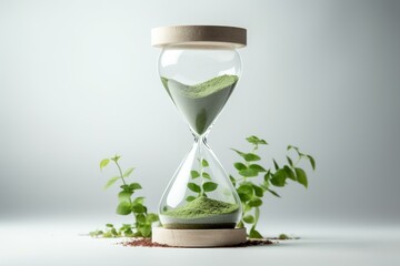 Green sand falling in an hourglass with a small plant growing nearby, symbolizing growth and the passage of time