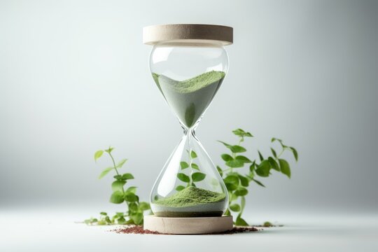 Green sand falling in an hourglass with a small plant growing nearby, symbolizing growth and the passage of time