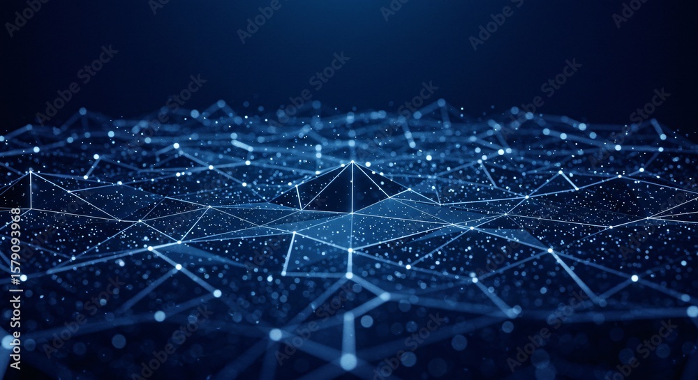 Poster a blue abstract network with connected dots and lines forming a complex geometric pattern design