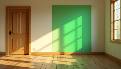 Obraz premium Sunlight streaming through window casting shadows on a green wall in an empty room