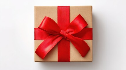 A neatly wrapped gift box with brown paper and a vibrant red ribbon tied in a bow on top.